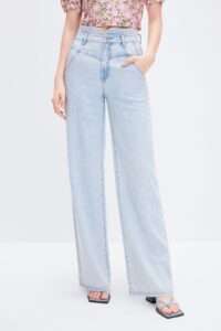 .Light Blue High-waisted Linen-Cotton Denim Wide-leg Pants